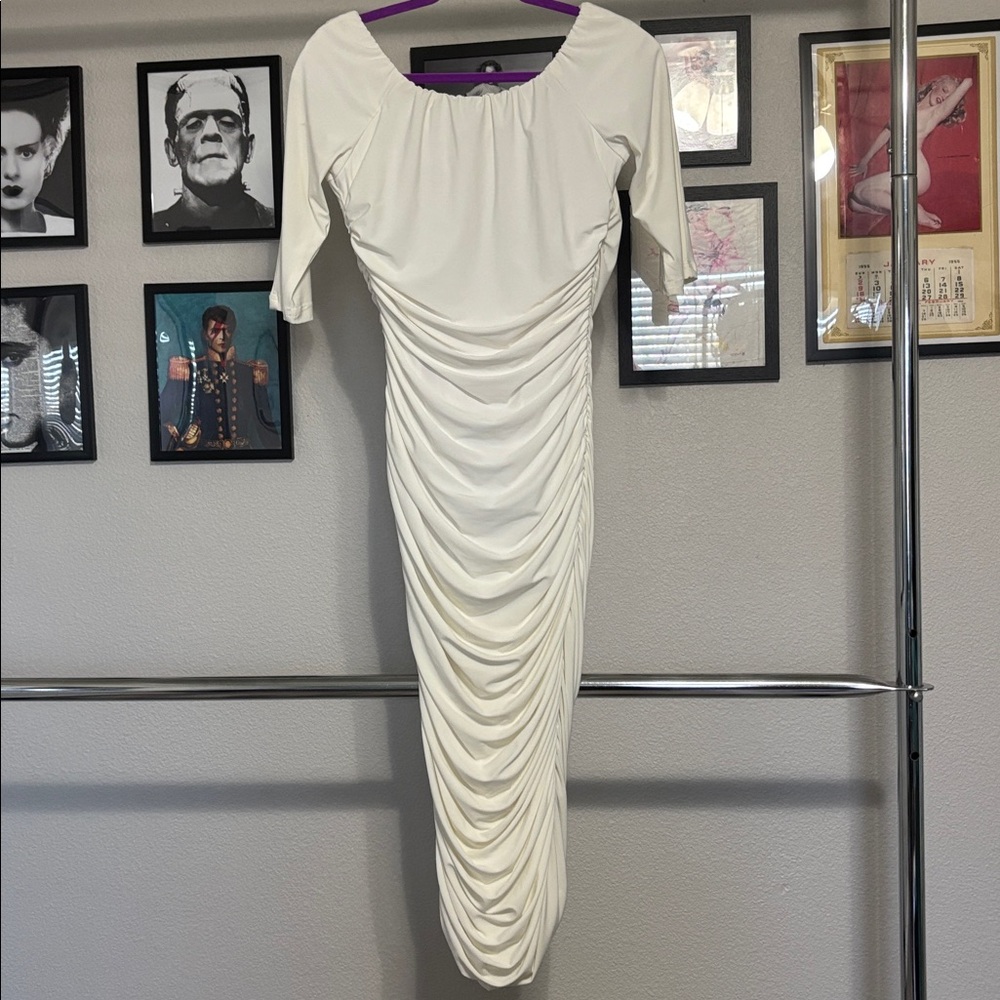 Pinup Couture Cream Ruched V-Neck Midi Dress - Picture 7 of 7
